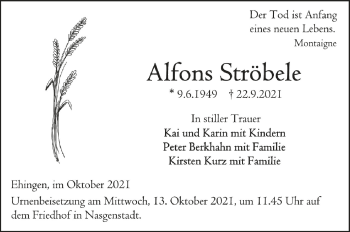 Anzeige von Alfons Ströbele von Schwäbische Zeitung