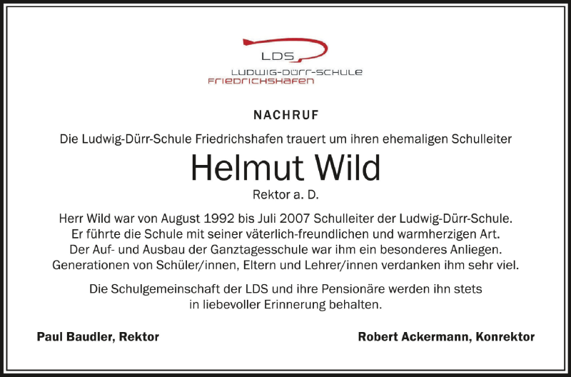  Traueranzeige für Helmut Wild vom 09.10.2021 aus Schwäbische Zeitung