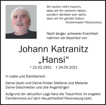 Anzeige von Johann Katranitz von Schwäbische Zeitung