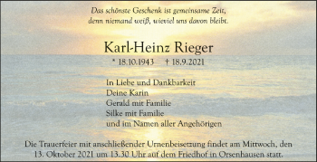 Anzeige von Karl-Heinz Rieger von Schwäbische Zeitung