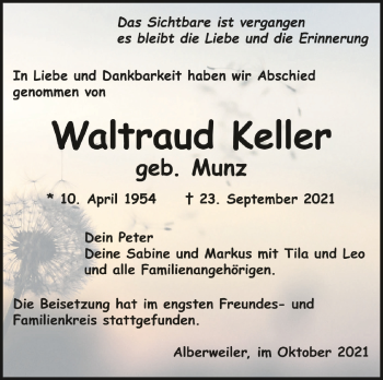 Anzeige von Waltraud Keller von Schwäbische Zeitung