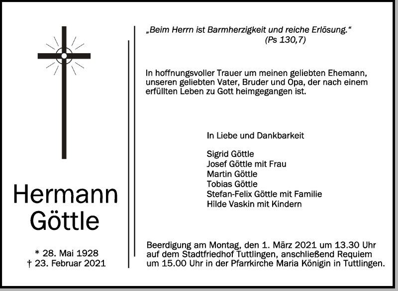  Traueranzeige für Hermann Göttle vom 26.02.2021 aus Schwäbische Zeitung