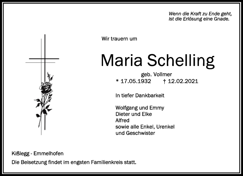  Traueranzeige für Maria Schelling vom 17.02.2021 aus Schwäbische Zeitung