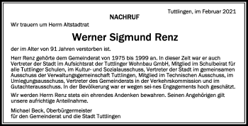 Anzeige von Werner Sigmund Renz von Schwäbische Zeitung