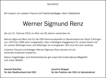 Anzeige von Werner Sigmund Renz von Schwäbische Zeitung