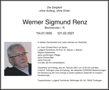 Anzeige von Werner Sigmund Renz von Schwäbische Zeitung