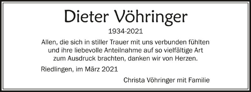  Traueranzeige für Dieter Vöhringer vom 30.03.2021 aus Schwäbische Zeitung