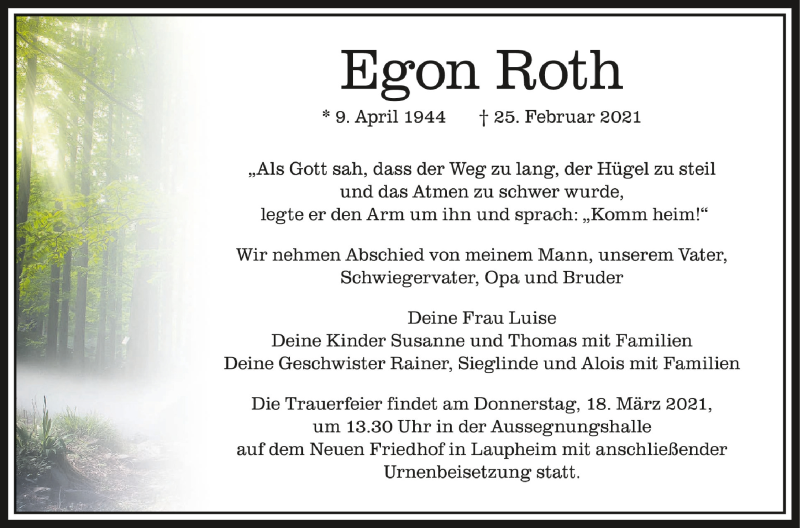  Traueranzeige für Egon Roth vom 15.03.2021 aus Schwäbische Zeitung