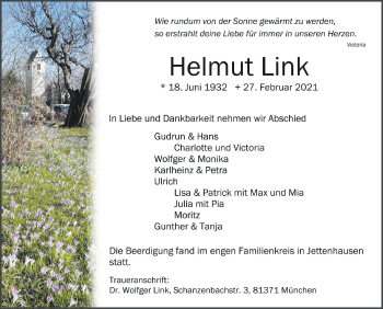 Anzeige von Helmut Link von Schwäbische Zeitung