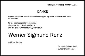 Anzeige von Werner Sigmund Renz von Schwäbische Zeitung