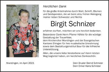 Anzeige von Birgit Schnizer von Schwäbische Zeitung