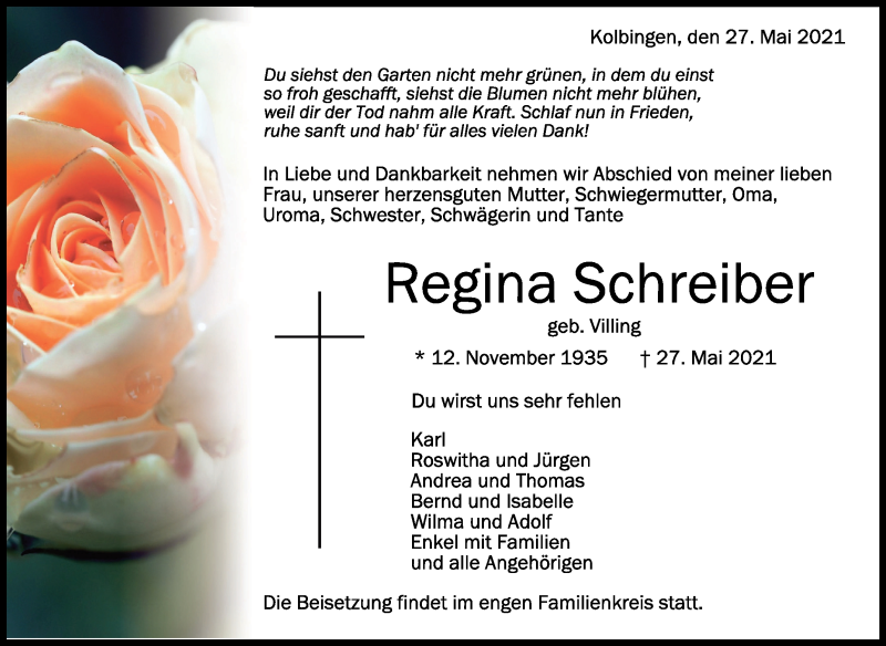  Traueranzeige für Regina Schreiber vom 04.06.2021 aus Schwäbische Zeitung