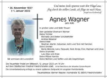 Anzeige von Agnes Wagner von Schwäbische Zeitung