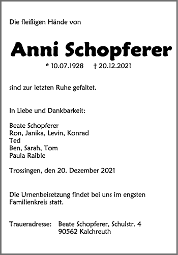 Anzeige von Anni Schopferer von Schwäbische Zeitung