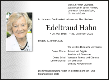 Anzeige von Edeltraud Hahn von Schwäbische Zeitung