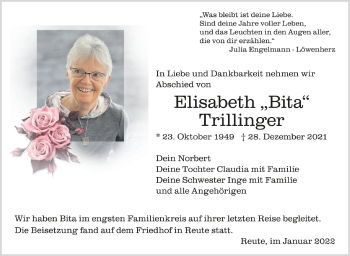 Anzeige von Elisabeth Trillinger von Schwäbische Zeitung