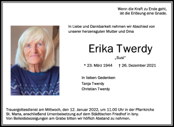 Anzeige von Erika Twerdy von Schwäbische Zeitung