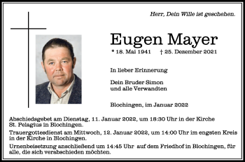 Anzeige von Eugen Mayer von Schwäbische Zeitung