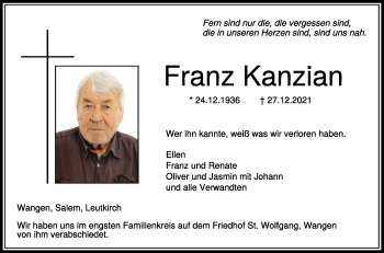 Anzeige von Franz Kanzian von Schwäbische Zeitung