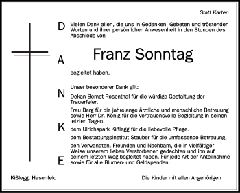 Anzeige von Franz Sonntag von Schwäbische Zeitung