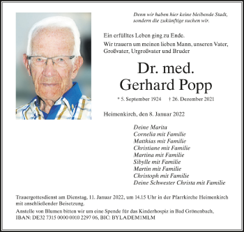 Anzeige von Gerhard Popp von Schwäbische Zeitung