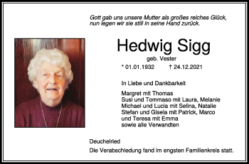 Anzeige von Hedwig Sigg von Schwäbische Zeitung