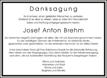 Anzeige von Josef Anton Brehm von Schwäbische Zeitung