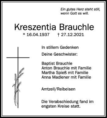 Anzeige von Kreszentia Brauchle von Schwäbische Zeitung