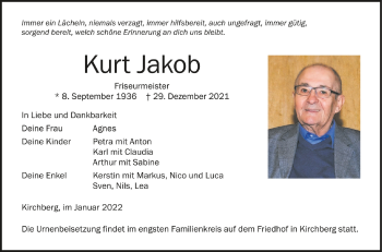 Anzeige von Kurt Jakob von Schwäbische Zeitung