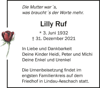 Anzeige von Lilly Ruf von Schwäbische Zeitung