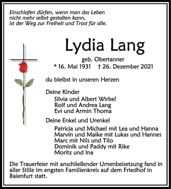 Anzeige von Lydia Lang von Schwäbische Zeitung