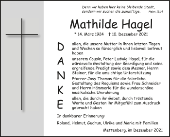 Anzeige von Mathilde Hagel von Schwäbische Zeitung