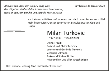 Anzeige von Milan Turkovic von Schwäbische Zeitung