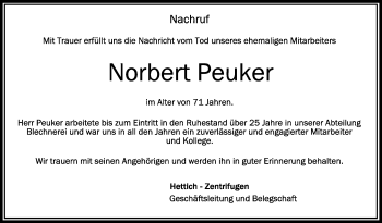 Anzeige von Norbert Peuker von Schwäbische Zeitung