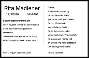 Anzeige von Rita Madlener von Schwäbische Zeitung