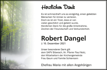 Anzeige von Robert Dangel von Schwäbische Zeitung