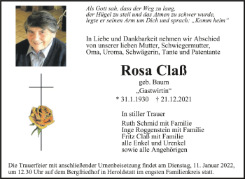 Anzeige von Rosa Claß von Schwäbische Zeitung