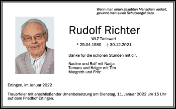 Anzeige von Rudolf Richter von Schwäbische Zeitung