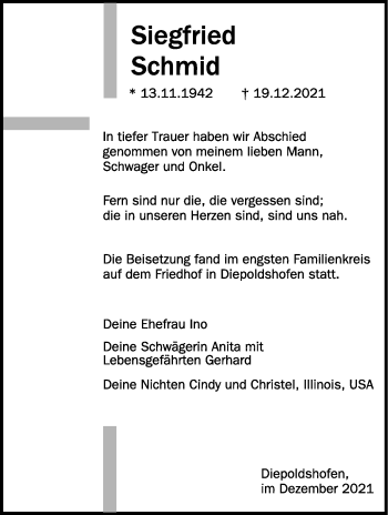 Anzeige von Siegfried Schmid von Schwäbische Zeitung