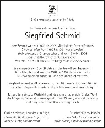 Anzeige von Siegfried Schmid von Schwäbische Zeitung