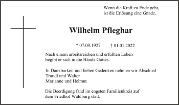 Anzeige von Wilhelm Pfleghar von Schwäbische Zeitung