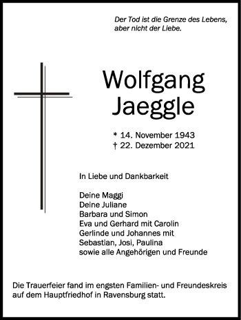 Anzeige von Wolfgang Jaeggle von Schwäbische Zeitung