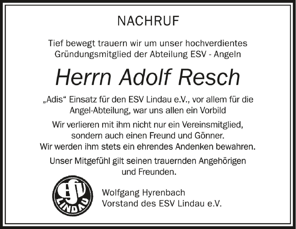  Traueranzeige für Adolf Resch vom 29.10.2022 aus Schwäbische Zeitung