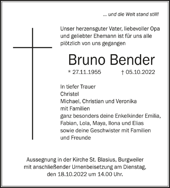 Anzeige von Bruno Bender von Schwäbische Zeitung