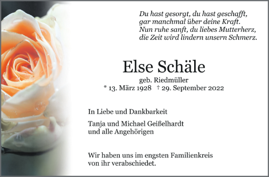 Anzeige von Else Schäle von Schwäbische Zeitung