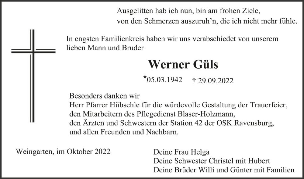  Traueranzeige für Werner Güls vom 22.10.2022 aus Schwäbische Zeitung