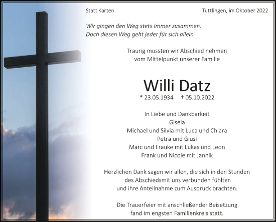 Anzeige von Willi Datz von Schwäbische Zeitung
