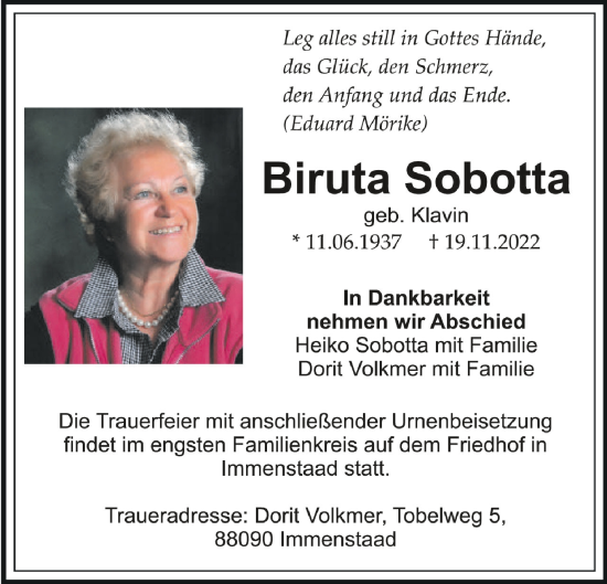 Anzeige von Biruta Sobotta von Schwäbische Zeitung