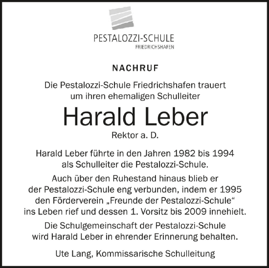 Anzeige von Harald Leber von Schwäbische Zeitung