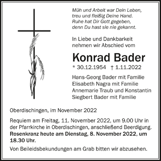 Anzeige von Konrad Bader von Schwäbische Zeitung